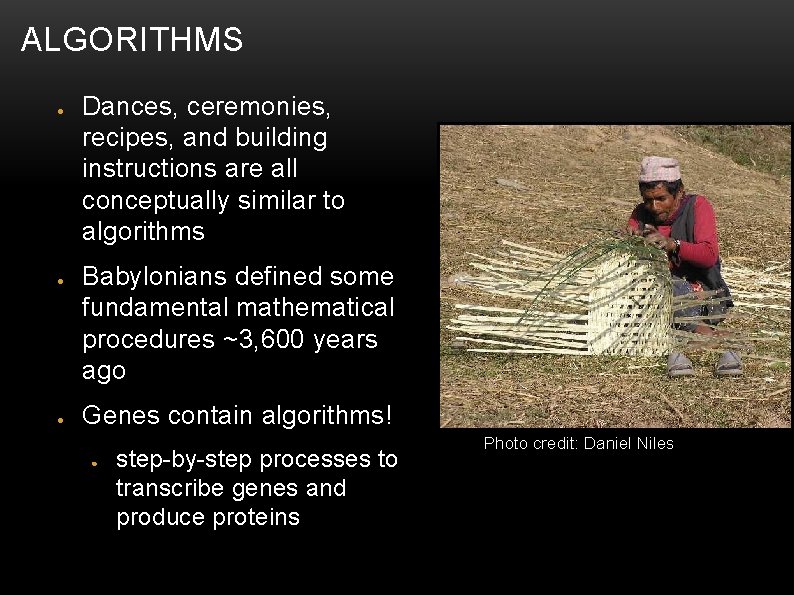 ALGORITHMS ● ● ● Dances, ceremonies, recipes, and building instructions are all conceptually similar