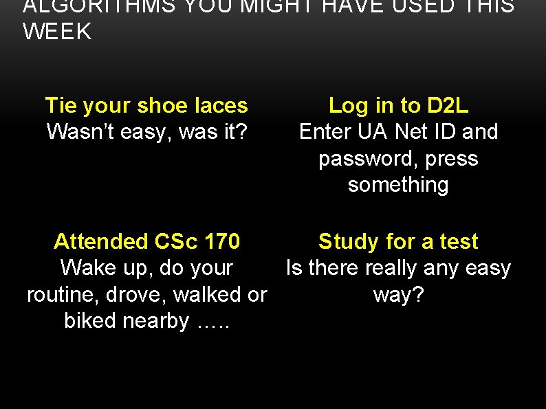 ALGORITHMS YOU MIGHT HAVE USED THIS WEEK Tie your shoe laces Wasn’t easy, was