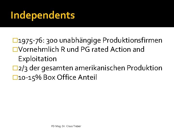 Independents � 1975 -76: 300 unabhängige Produktionsfirmen �Vornehmlich R und PG rated Action and