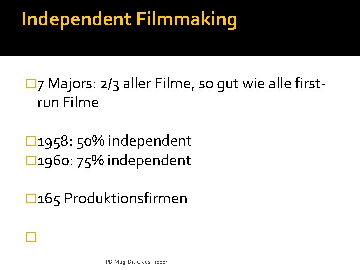 Independent Filmmaking � 7 Majors: 2/3 aller Filme, so gut wie alle first- run