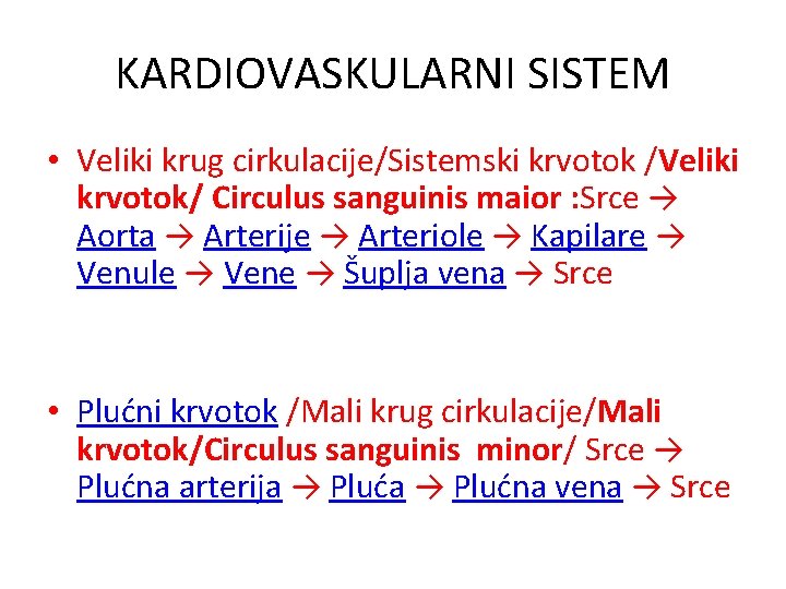 KARDIOVASKULARNI SISTEM • Veliki krug cirkulacije/Sistemski krvotok /Veliki krvotok/ Circulus sanguinis maior : Srce