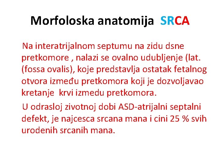 Morfoloska anatomija SRCA Na interatrijalnom septumu na zidu dsne pretkomore , nalazi se ovalno