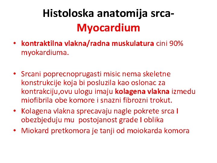 Histoloska anatomija srca. Myocardium • kontraktilna vlakna/radna muskulatura cini 90% myokardiuma. • Srcani poprecnoprugasti