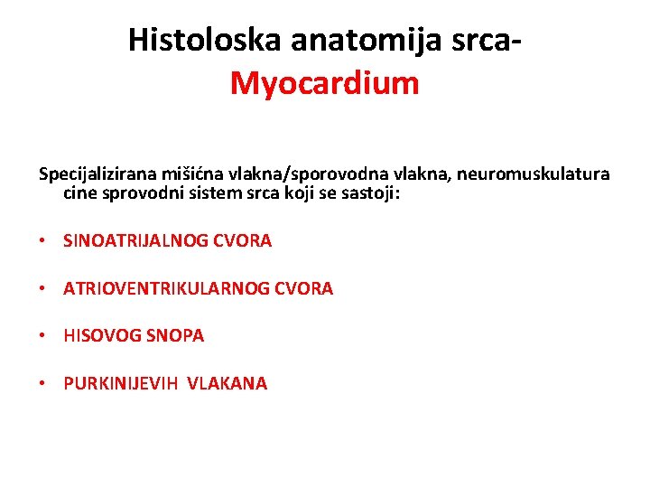 Histoloska anatomija srca. Myocardium Specijalizirana mišićna vlakna/sporovodna vlakna, neuromuskulatura cine sprovodni sistem srca koji