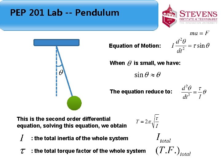 PEP 201 Lab -- Pendulum Equation of Motion: When is small, we have: The