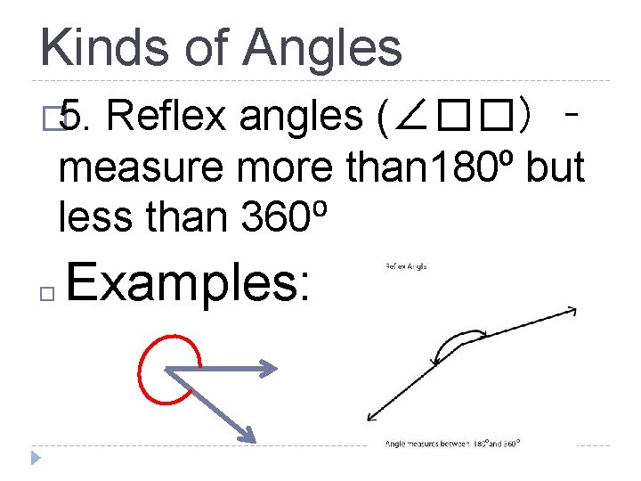 Kinds of Angles � 5. Reflex angles (∠��) – measure more than 180⁰ but
