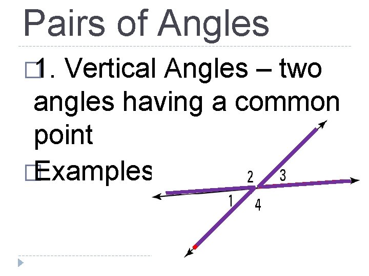 Pairs of Angles � 1. Vertical Angles – two angles having a common point