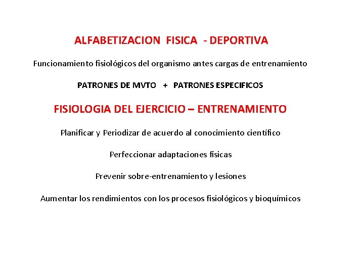 ALFABETIZACION FISICA - DEPORTIVA Funcionamiento fisiológicos del organismo antes cargas de entrenamiento PATRONES DE