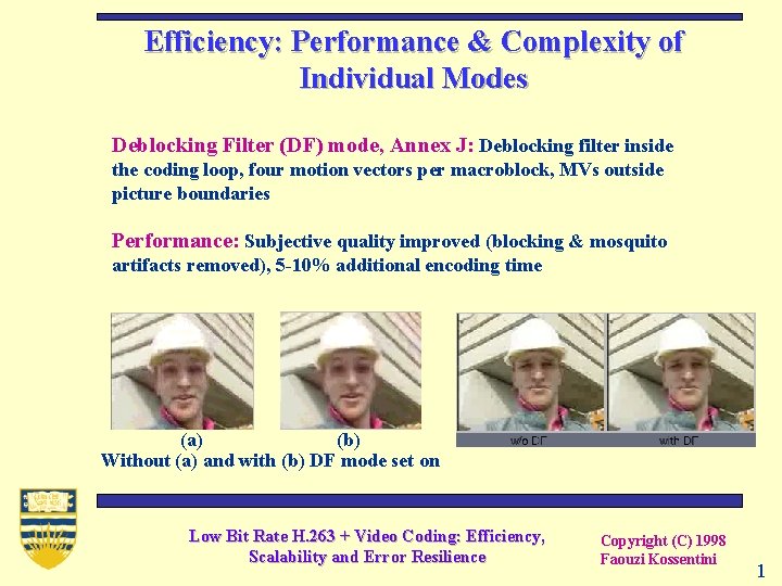 Efficiency: Performance & Complexity of Individual Modes Deblocking Filter (DF) mode, Annex J: Deblocking