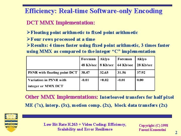 Efficiency: Real-time Software-only Encoding DCT MMX Implementation: ØFloating point arithmetic to fixed point arithmetic