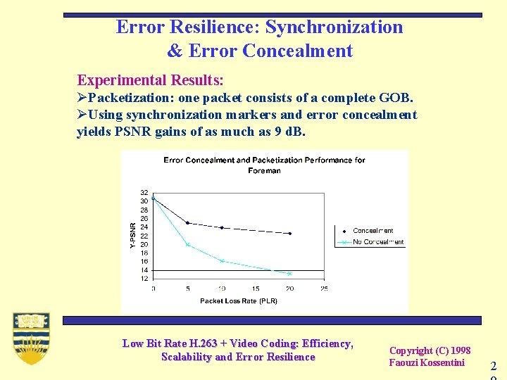 Error Resilience: Synchronization & Error Concealment Experimental Results: ØPacketization: one packet consists of a