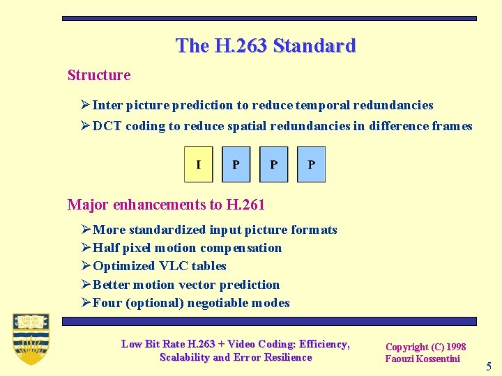 The H. 263 Standard Structure Ø Inter picture prediction to reduce temporal redundancies Ø