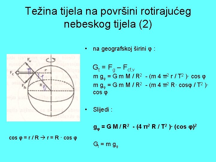 Težina tijela na površini rotirajućeg nebeskog tijela (2) • na geografskoj širini φ :