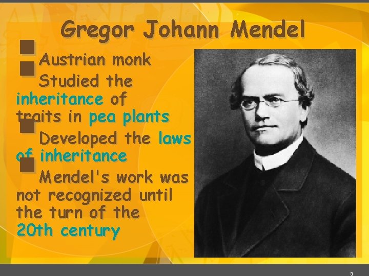 §§ § § Gregor Johann Mendel Austrian monk Studied the inheritance of traits in