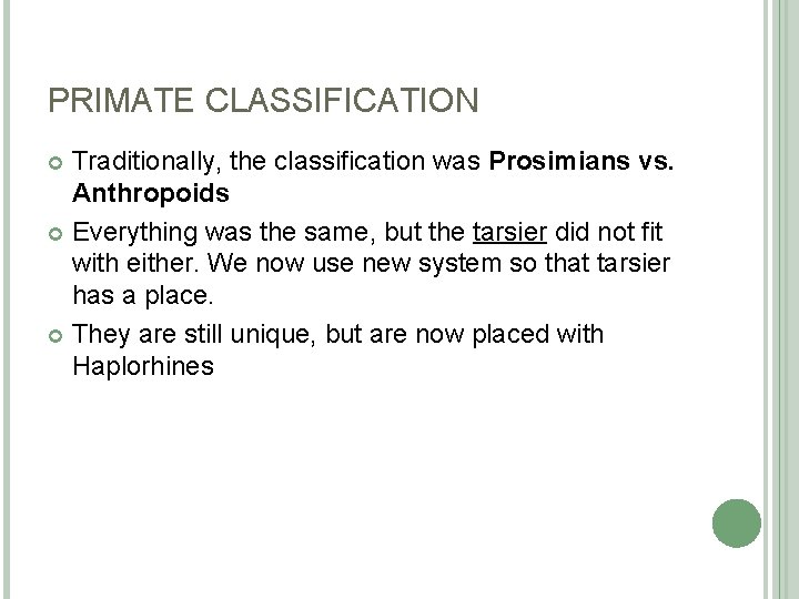 PRIMATE CLASSIFICATION Traditionally, the classification was Prosimians vs. Anthropoids Everything was the same, but