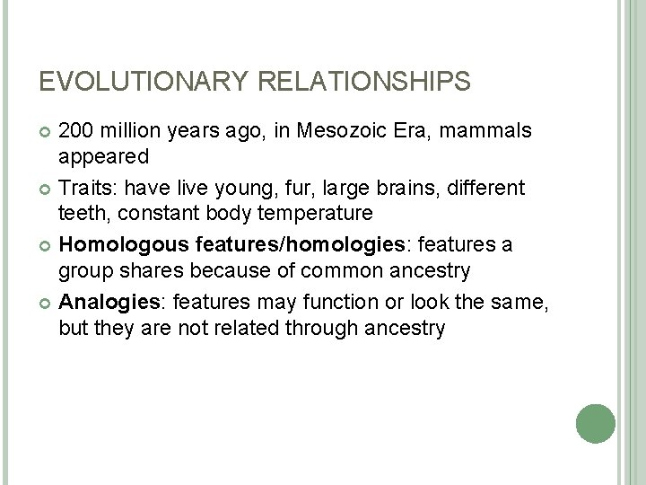 EVOLUTIONARY RELATIONSHIPS 200 million years ago, in Mesozoic Era, mammals appeared Traits: have live