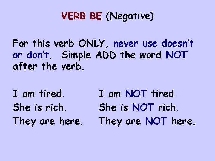 VERB BE (Negative) For this verb ONLY, never use doesn’t or don’t. Simple ADD