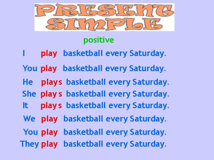 positive I play basketball every Saturday. You play basketball every Saturday. He play s