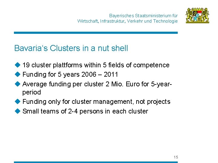 Bayerisches Staatsministerium für Wirtschaft, Infrastruktur, Verkehr und Technologie Bavaria‘s Clusters in a nut shell