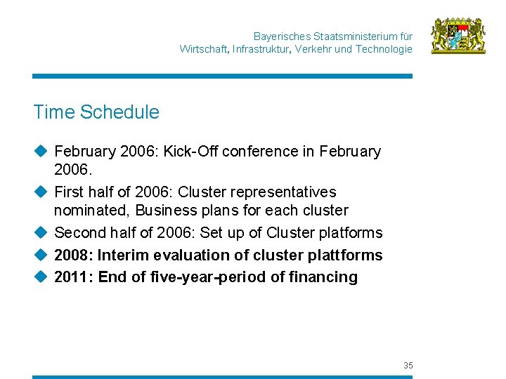 Bayerisches Staatsministerium für Wirtschaft, Infrastruktur, Verkehr und Technologie Time Schedule u February 2006: Kick-Off