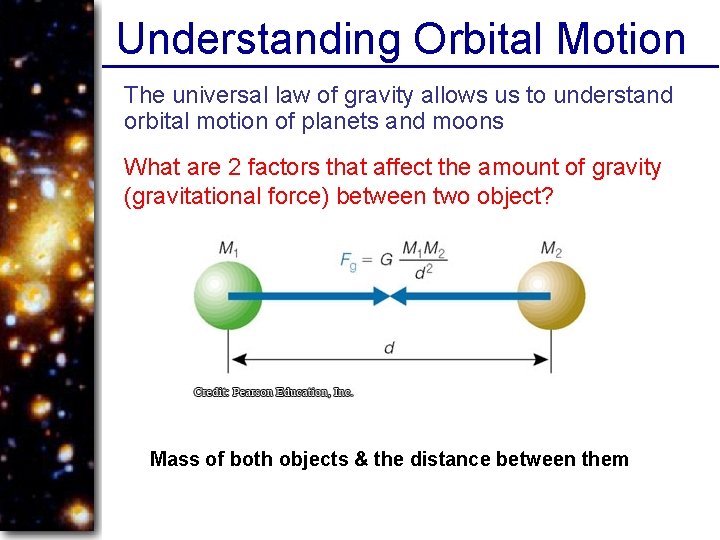Understanding Orbital Motion The universal law of gravity allows us to understand orbital motion