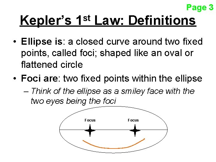 Page 3 Kepler’s 1 st Law: Definitions • Ellipse is: a closed curve around