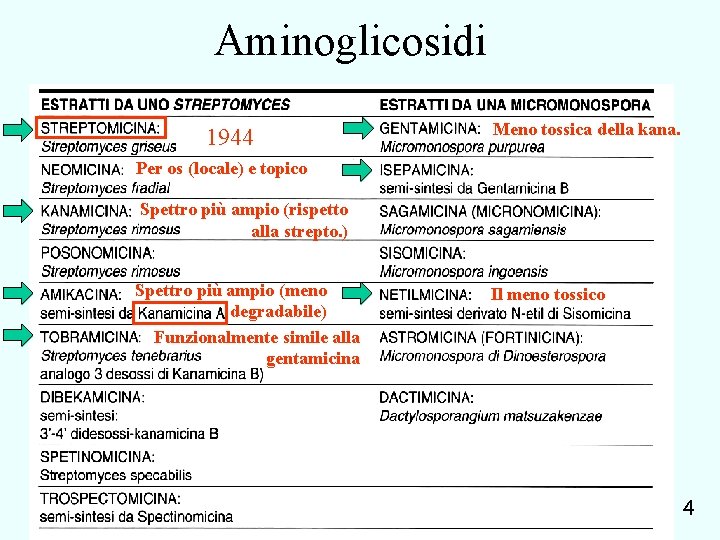 Aminoglicosidi 1944 Meno tossica della kana. Per os (locale) e topico Spettro più ampio