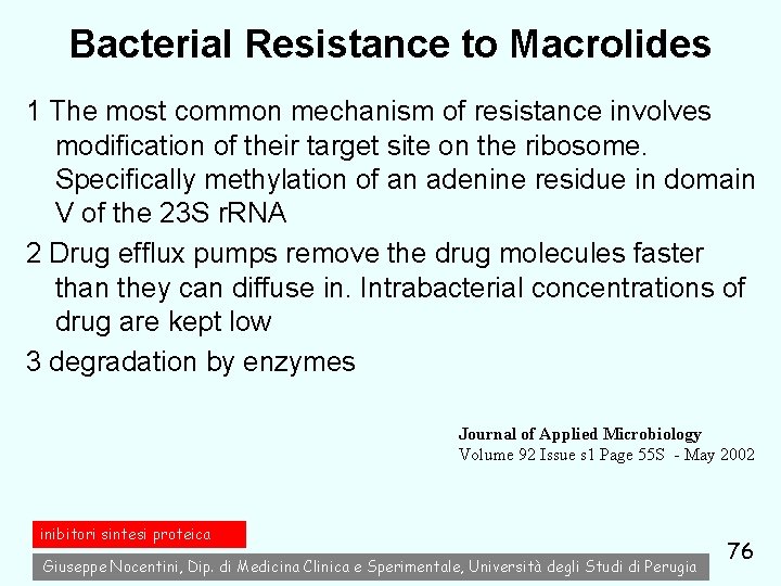 Bacterial Resistance to Macrolides 1 The most common mechanism of resistance involves modification of