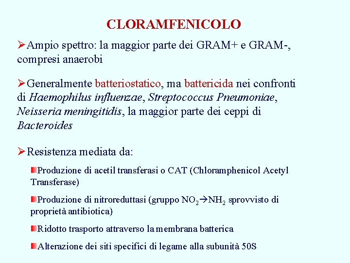 CLORAMFENICOLO ØAmpio spettro: la maggior parte dei GRAM+ e GRAM-, compresi anaerobi ØGeneralmente batteriostatico,