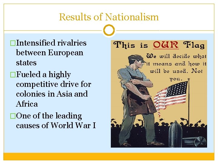 Results of Nationalism �Intensified rivalries between European states �Fueled a highly competitive drive for