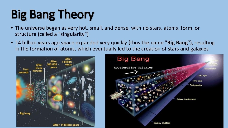 Big Bang Theory • The universe began as very hot, small, and dense, with