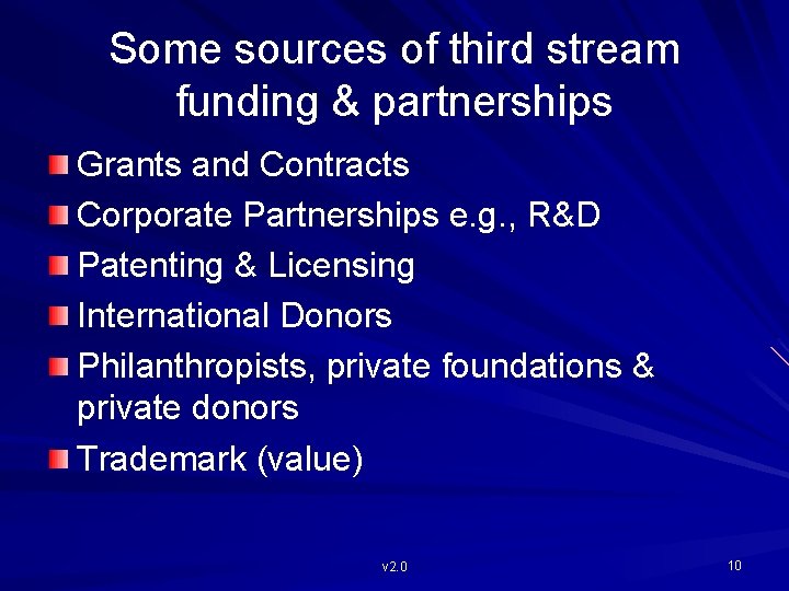Some sources of third stream funding & partnerships Grants and Contracts Corporate Partnerships e.
