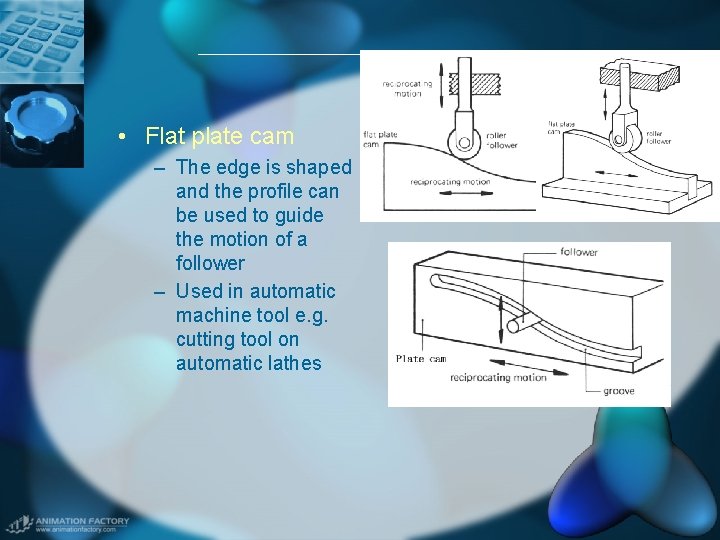  • Flat plate cam – The edge is shaped and the profile can