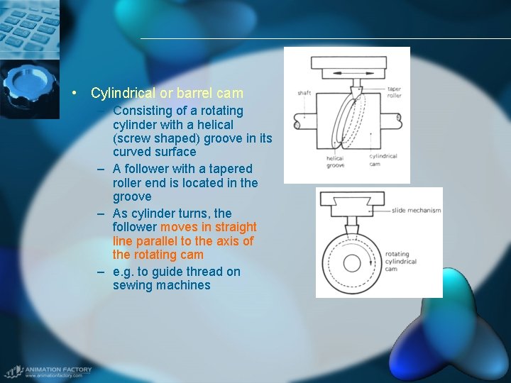  • Cylindrical or barrel cam – Consisting of a rotating cylinder with a