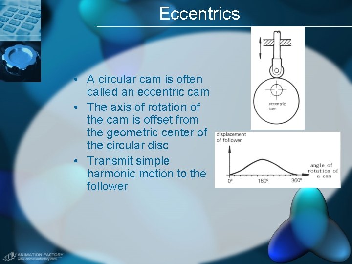 Eccentrics • A circular cam is often called an eccentric cam • The axis