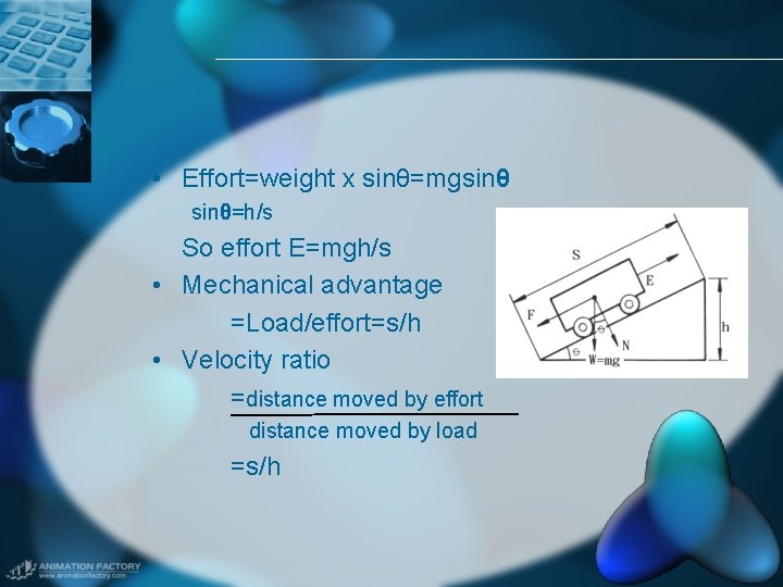  • Effort=weight x sinθ=mgsinθ=h/s So effort E=mgh/s • Mechanical advantage =Load/effort=s/h • Velocity