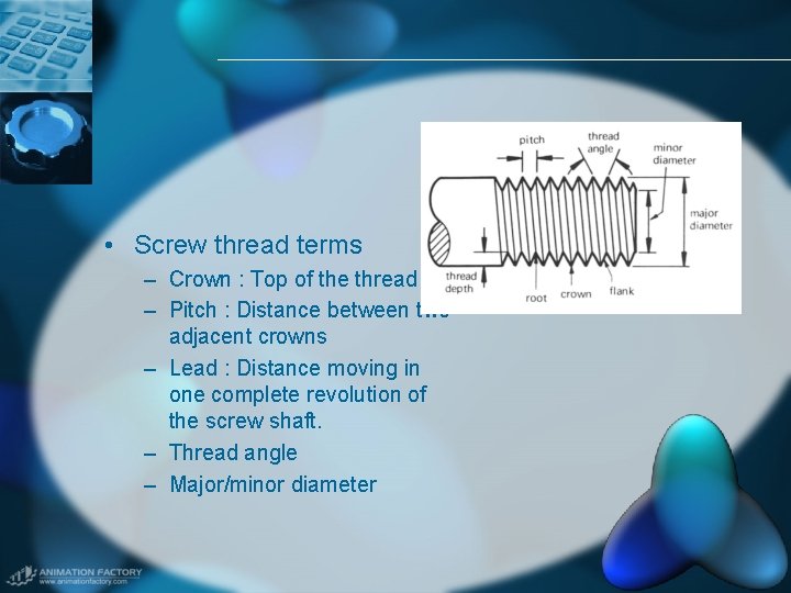  • Screw thread terms – Crown : Top of the thread – Pitch