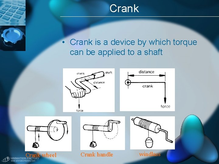 Crank • Crank is a device by which torque can be applied to a