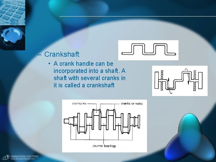 – Crankshaft • A crank handle can be incorporated into a shaft. A shaft