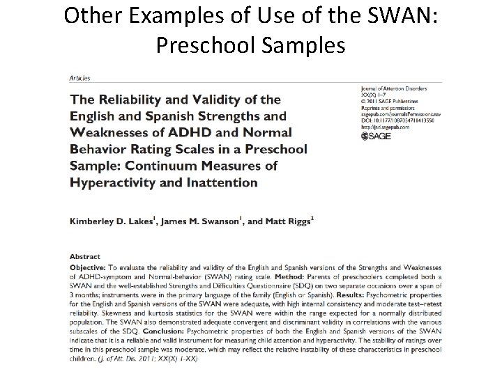 Other Examples of Use of the SWAN: Preschool Samples 