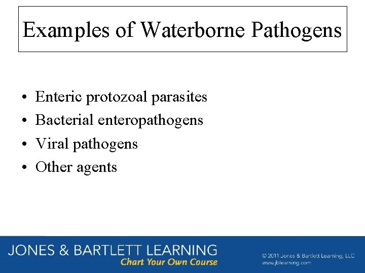 Examples of Waterborne Pathogens • • Enteric protozoal parasites Bacterial enteropathogens Viral pathogens Other