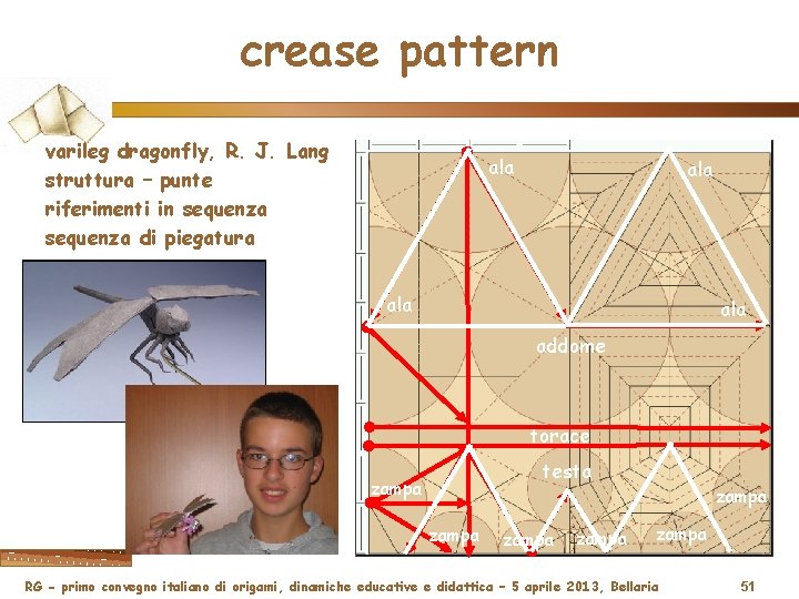 crease pattern varileg dragonfly, R. J. Lang struttura – punte riferimenti in sequenza di