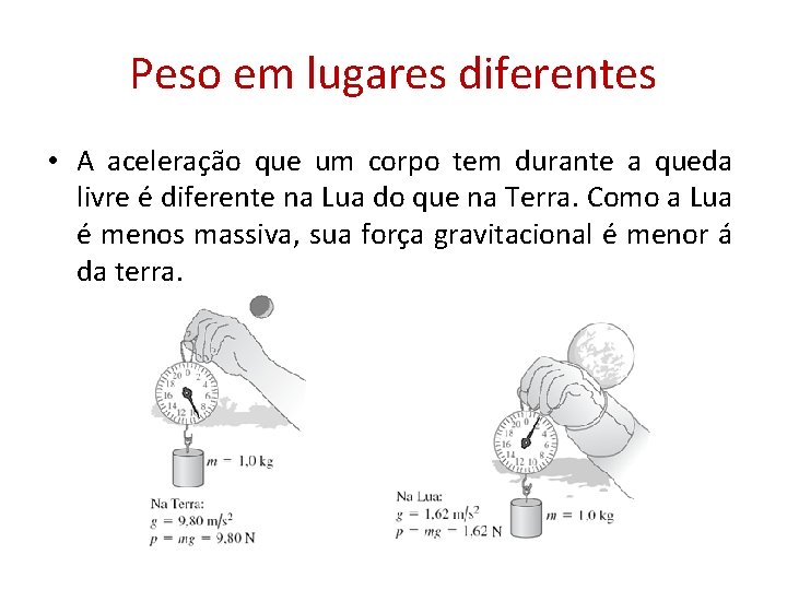 Peso em lugares diferentes • A aceleração que um corpo tem durante a queda