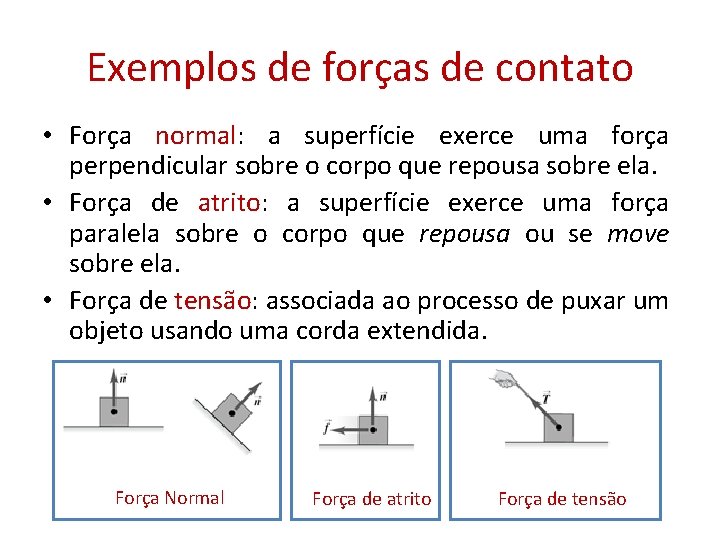 Exemplos de forças de contato • Força normal: a superfície exerce uma força perpendicular