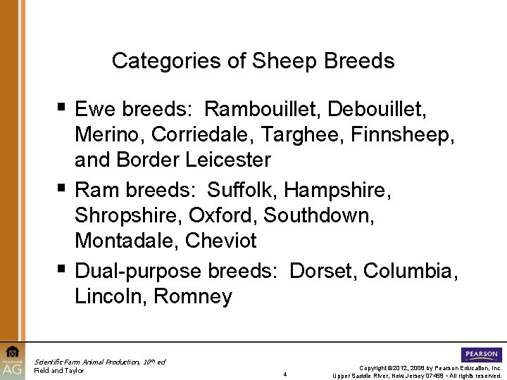 Categories of Sheep Breeds § Ewe breeds: Rambouillet, Debouillet, § § Merino, Corriedale, Targhee,