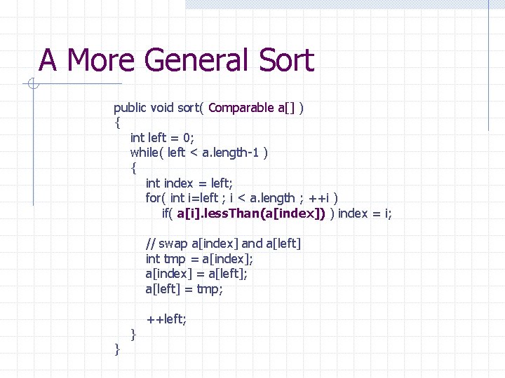 A More General Sort public void sort( Comparable a[] ) { int left =