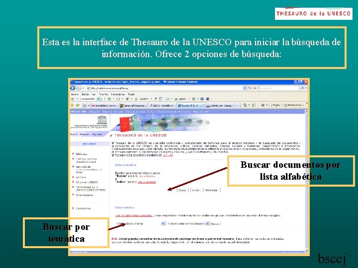 Esta es la interface de Thesauro de la UNESCO para iniciar la búsqueda de