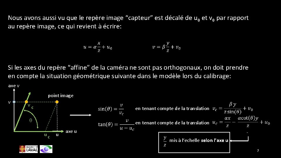 Nous avons aussi vu que le repère image “capteur” est décalé de u 0