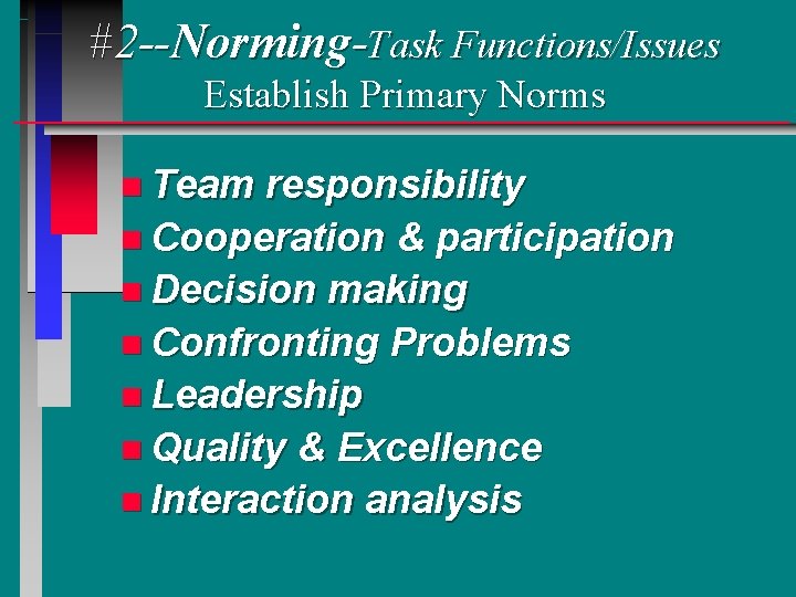 #2 --Norming-Task Functions/Issues Establish Primary Norms n Team responsibility n Cooperation & participation n