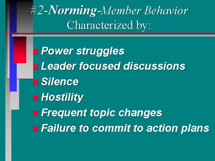 #2 -Norming-Member Behavior Characterized by: n Power struggles n Leader focused discussions n Silence